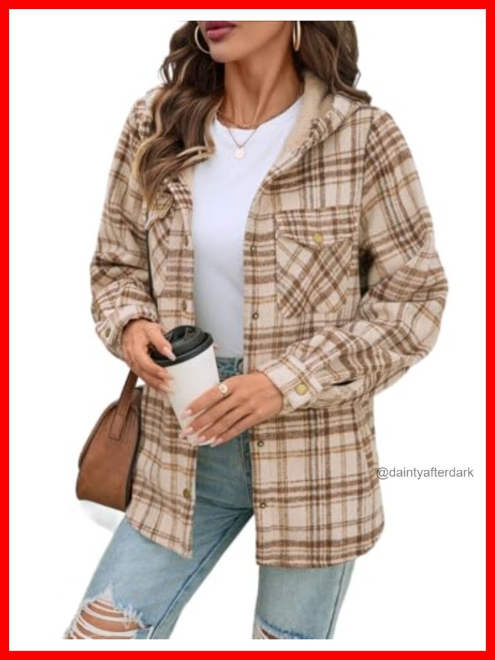 Plaid Flannel Shacket Sherpa Lined Hooded Jacket Oversized Button Up Coat with